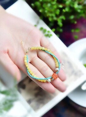 新品天然蜜蜡搭配绿松石双圈女款手链 K女款气质百搭设计款手串