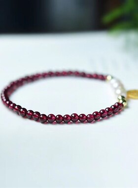 新品天然酒红石榴石单圈女款女款手链 福O牌女人石酒红色手串