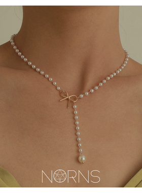 极速Norns欧美气质北欧简约x合金蝴蝶结仿珍珠流苏吊坠Y字链项链