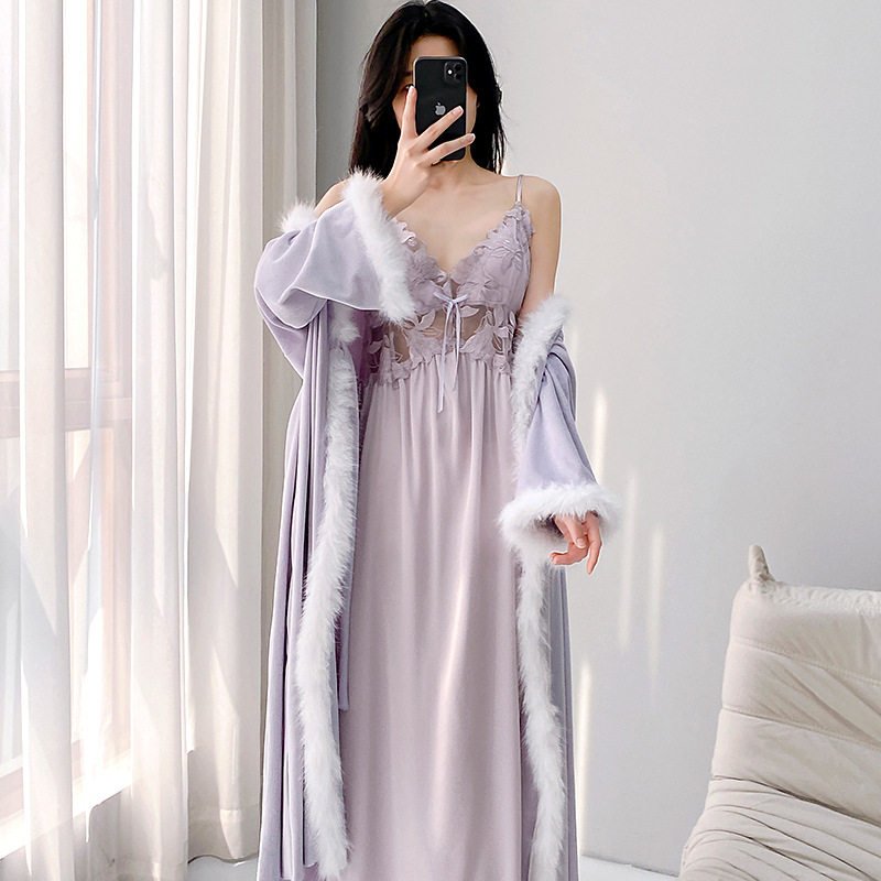 直播爆款海岛绒睡衣女款秋冬季性感轻奢毛毛吊带长款睡裙睡袍套装,淘宝优惠券,粉丝福利购,淘宝优惠卷