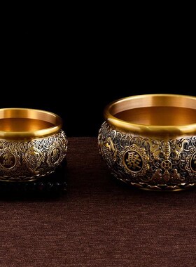 23cm全铜实心金蟾聚宝盆纯铜摆件大小号八福聚宝碗黄铜盆玄关装饰