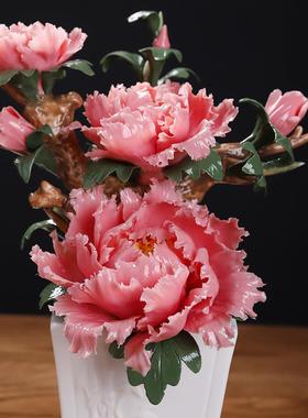 东方泥土《花开富贵》陶瓷手工牡丹花仿真大号盆栽摆件桌面装饰品