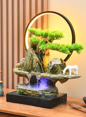 新中式假山流水喷泉摆件客厅办公室桌面装饰高山循环水生财风水轮