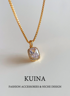 方糖吊坠项链女金色锁骨链配饰品