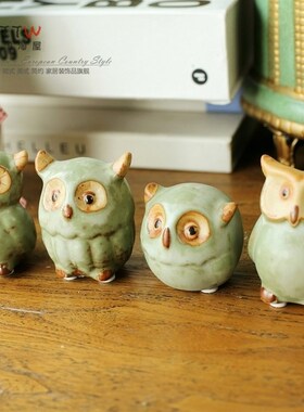 复古陶瓷猫头鹰家居摆件 zakka 杂货 迷你动物搁板摆设