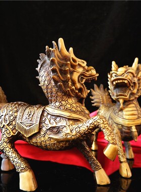 纯黄铜麒麟摆g件大号一对火麒麟保装饰中式家居客厅卧室