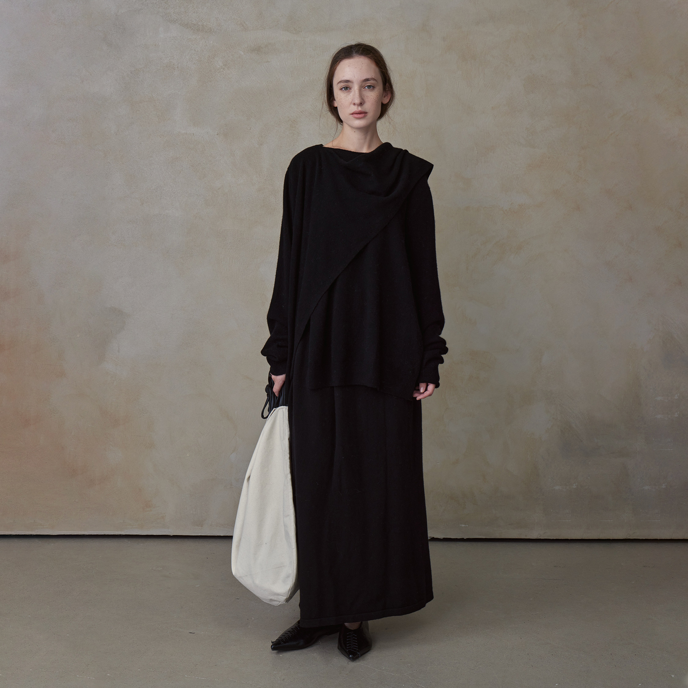 NOEND24AW 【陆翊 同款】荡领围巾毛衣压褶花苞针织半裙针织套装,淘宝优惠券,粉丝福利购,淘宝优惠卷