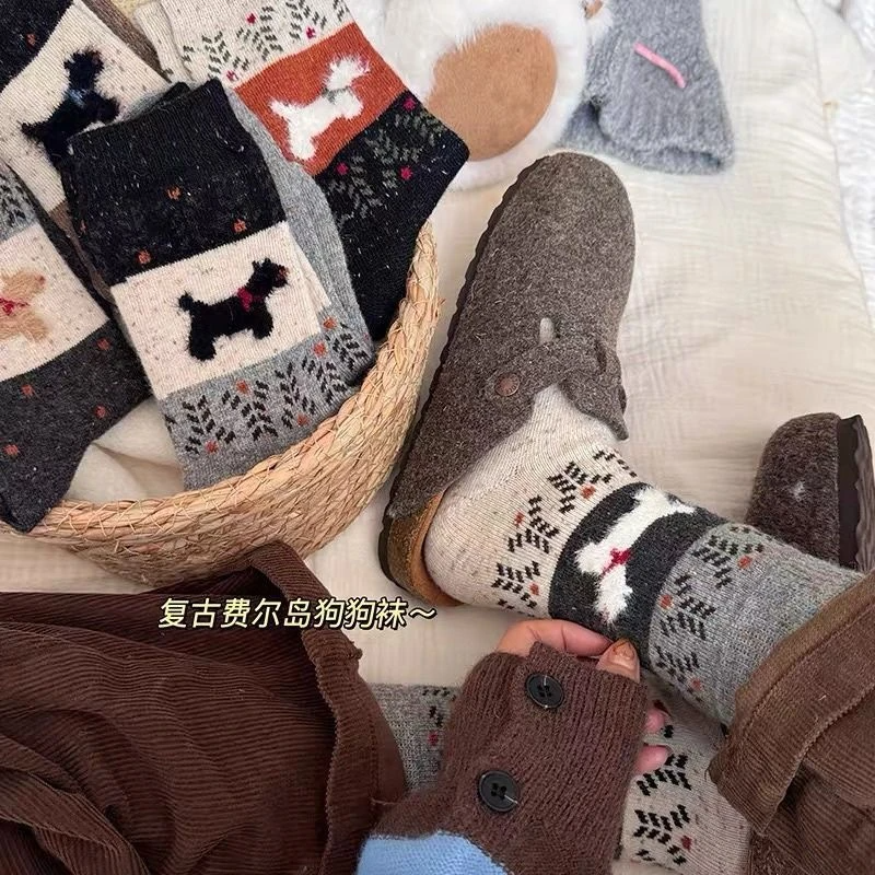 秋冬加厚中筒袜复古ins韩版氛围卡通拼色狗狗女袜秋冬加绒保暖袜T,淘宝优惠券,粉丝福利购,淘宝优惠卷