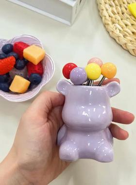 轻奢小熊水果叉家用可爱收纳餐具套装点心叉甜品叉创意陶瓷收纳罐