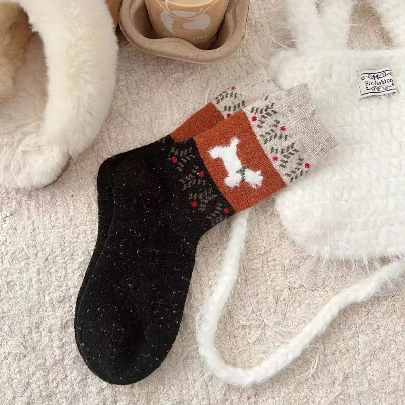 秋冬加厚中筒袜复古ins韩版氛围卡通拼色狗狗女袜秋冬加绒保暖袜T,淘宝优惠券,粉丝福利购,淘宝优惠卷