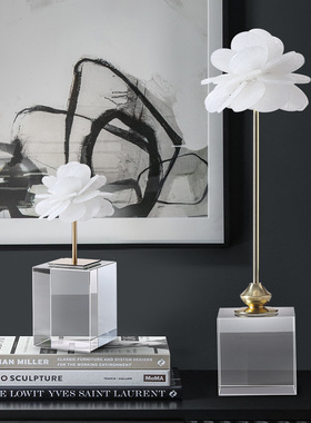 水晶玉石山茶花摆件轻奢高档装饰品家居客厅电视柜酒柜办公室礼品