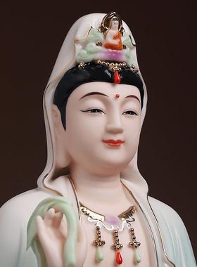 七珍陶瓷水莲花南海观音彩绘观音菩萨佛像坐像客厅家拜佛摆件