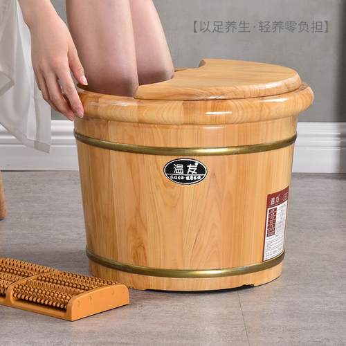 泡脚木桶家用30cm高木盆洗脚盆保温泡脚桶实木洗脚木桶木质足浴盆 - 图2