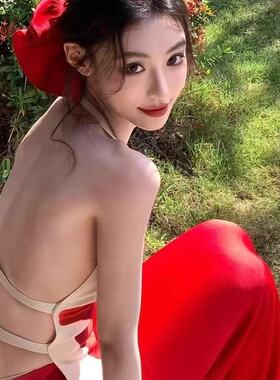 新款百搭法式复古红色大肠发圈高级感超大号扎低马尾头绳头饰发饰