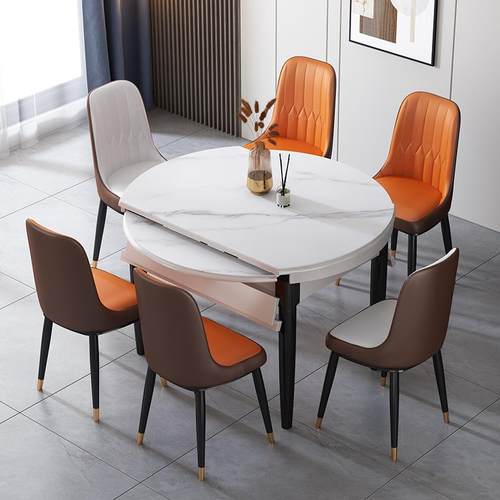 岩板餐桌小户型家用可伸缩折叠实木现代简约圆形桌子餐桌椅组合 - 图1