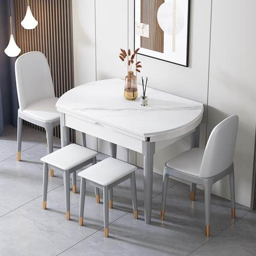 岩板餐桌小户型家用可伸缩折叠实木现代简约圆形桌子餐桌椅组合 - 图2