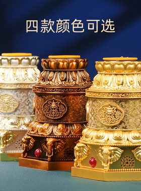 藏式八吉祥雕花电动手摇底座工艺品转轮桶民族风合金桌面装饰摆件