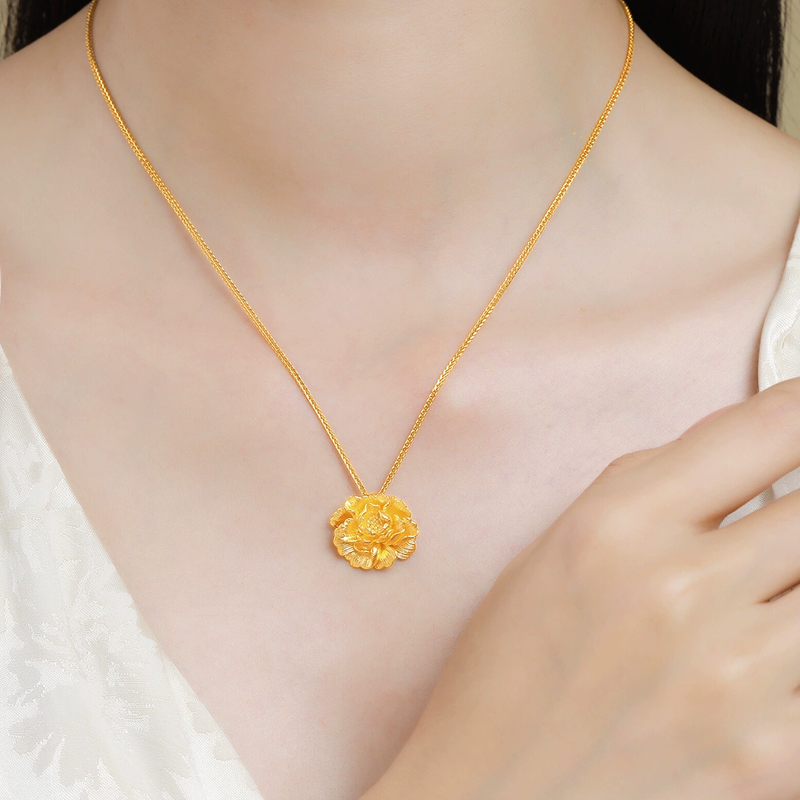 蒂蔻珠宝足金999牡丹花黄金吊坠国风牡丹古法金项链生日礼物 - 图1