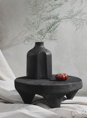 SHDDE侘寂风小茶盘圆形黑色矮脚木平盘实木样板间装饰托盘摆件民