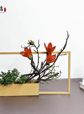 新中式创意家居电视柜玄关酒柜软装饰品铁艺花架电镀金色杏叶摆件