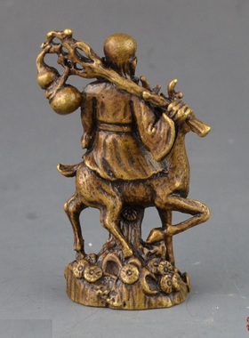 创意古玩杂项骑鹿寿星铜像福禄寿纯铜摆件桌面茶宠茶几摆件摆饰