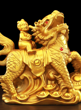 纯黄铜麒麟摆件全铜的卧室麒麟送子一对儿女家居装饰工艺品礼品