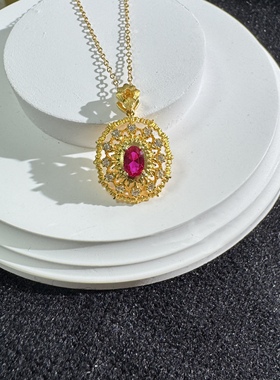 新款925银意大利工艺宫廷风培育鸽血红宝石项链吊坠女