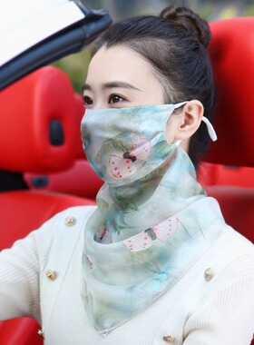 上海故事面纱女100%桑蚕丝防晒真丝护颈一体夏季面罩薄款遮脸系脖