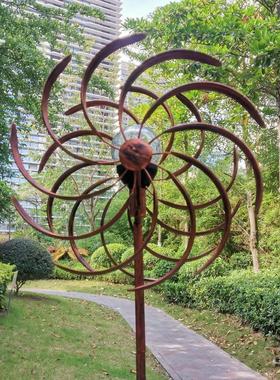 出口户外铁艺风车花园装饰迎风转360度双面旋转落地风车摆件
