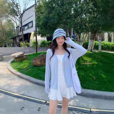 莱赛尔天丝防晒开衫新款女冰丝条纹针织外套2026夏季外搭上衣L
