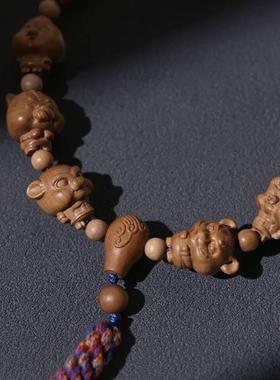 印度老山檀香雕刻十二生肖守护神单圈手串文玩把玩本命年饰品赠礼