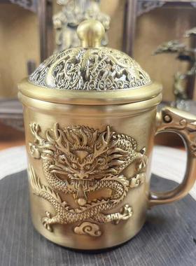 复古纯黄铜为人民服务怀旧茶杯家居收藏铜器礼品酒店茶道摆件