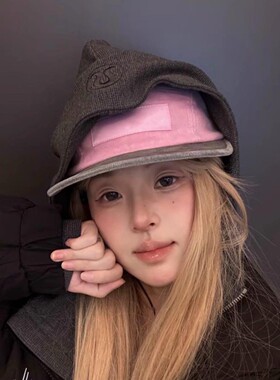 26FW 桃皮绒拼色麂皮水洗做旧平檐五片帽大头围男女字母棒球帽潮
