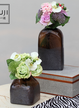 复古怀旧 纯手工刻磨咖啡色棕色吹制玻璃花瓶桌面花器客厅摆件