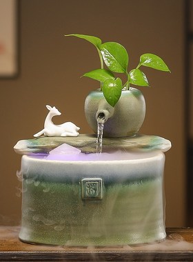 招财流水摆件循环水雾化陶瓷陶罐古法山水造景桌面客厅玄关装饰品