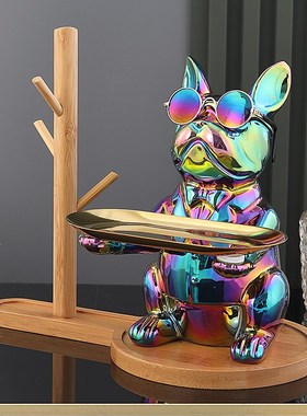 放钥匙收纳摆件斗牛犬托盘玄关客厅门口进门酒柜招财家居装饰品