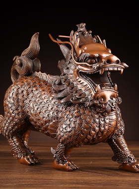 紫铜麒麟摆件一对装饰品新中式家居玄关铜工艺品公司乔迁开业礼品