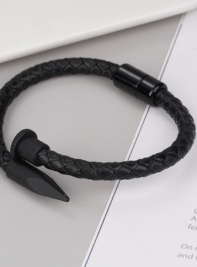 直销欧美朋克风手镯男女精美铆钉手环合金磁铁扣皮绳