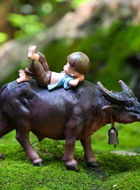 极速创意牧童骑i牛桌面客厅摆设园艺假山小牛造景装饰仿真水牛树