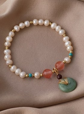 极速春夏淡水珍珠平安扣手v錬女流行设计玉珠翡翠手串复古风气质