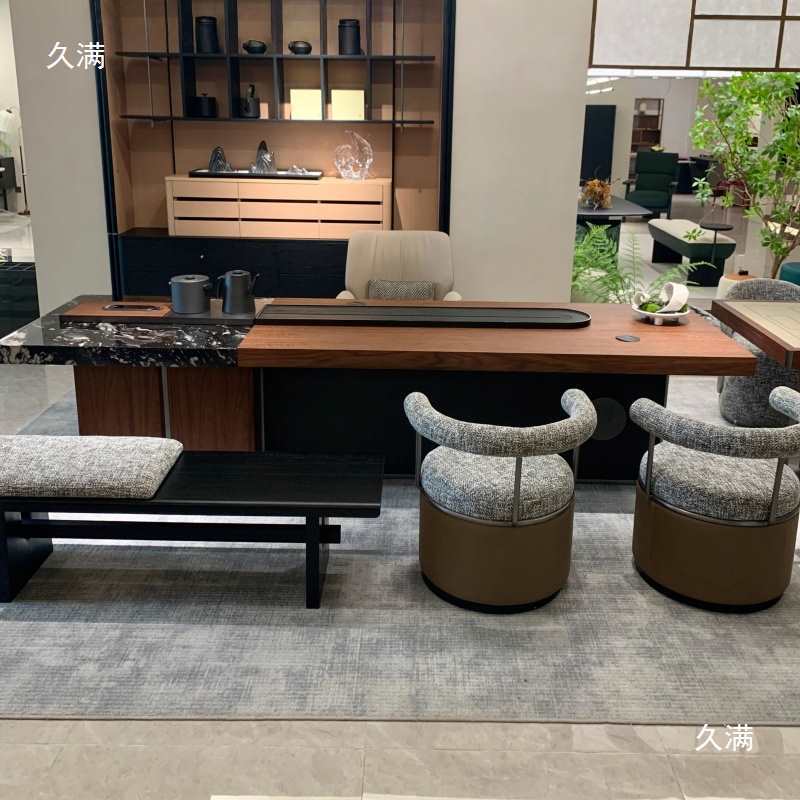 新中式北美黑胡桃木茶桌椅组合简约禅意茶空间泡茶台实木茶几 - 图0