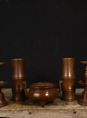 纯铜五供摆件佛具铜香炉紫铜烛台蜡台铜香筒桶一套家用佛堂用品