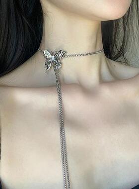 蝴蝶抽拉项链长款锁骨链腰链轻奢小众choker颈链甜酷配饰毛衣链女