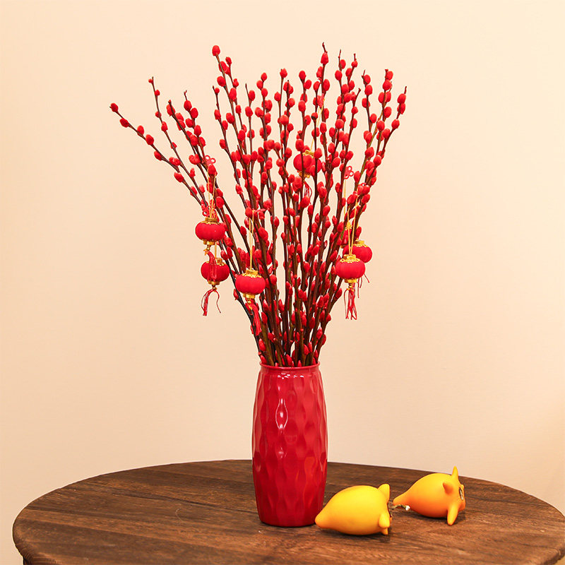 【年宵花】银柳真花鲜枝抱抱福桶喜庆年宵花卉盆栽室内红色干花