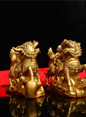 铜麒麟摆件一对纯l铜麒麟送子工艺品家用客厅卧室装饰品招财工艺