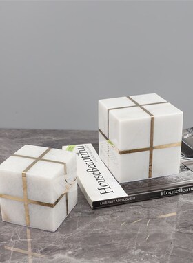 简约创意大理h石镶嵌铜线正方几何摆件客厅卧室书房家居装饰品