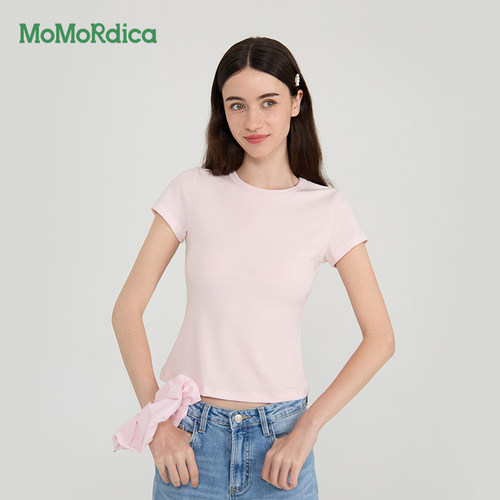 【蜜蜂欢乐社】Momordica 短袖圆领舒适上衣修身T恤女 - 图1