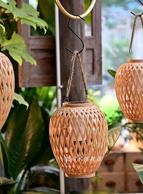 创意仿竹编太阳能灯笼挂件装饰吊件镂空摆件墙挂壁挂挂灯花园庭院