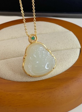 新款天然和田玉真品有鉴定书佛公吊坠轻奢小众女项链搭配毛衣链