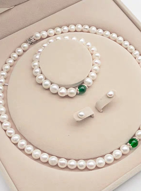 强光淡水近圆天然珍珠项链轻奢绿玉髓玛瑙珍珠手链母亲节生日礼物
